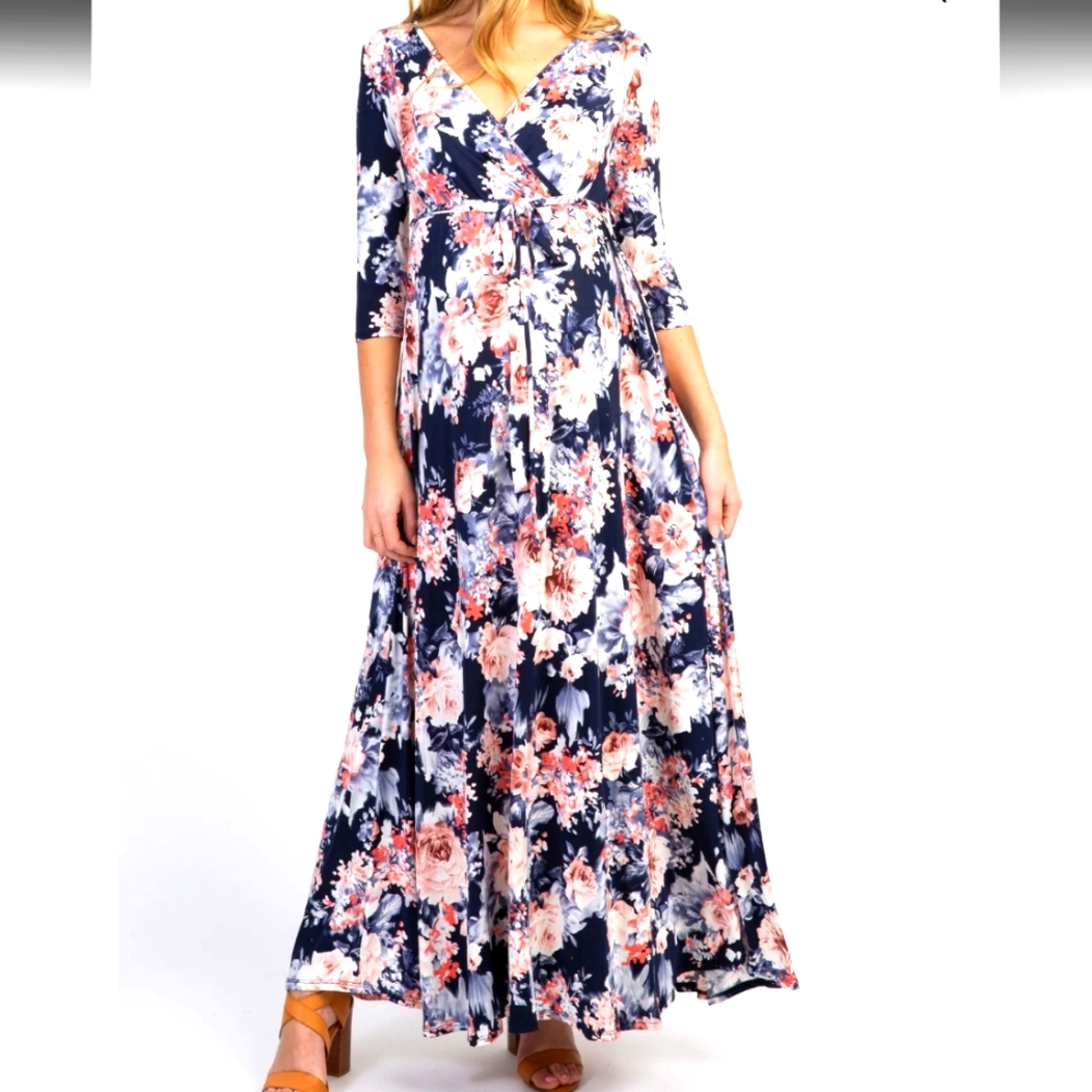 PinkBlush Blue Floral Sash Tie Maternity/Nursing Maxi Dress